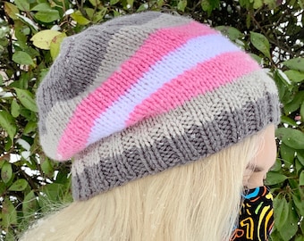 Demigirl Pride Handknit Slouchy Beanie | LGBTQ+ Hat for Adults/Teens | Subtle Pride Flag Toques