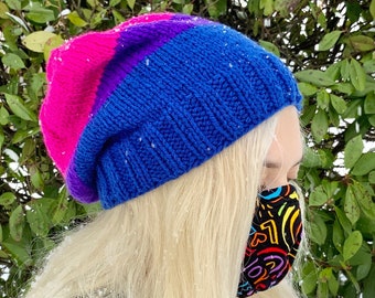 Bisexual Pride Handknit Slouchy Beanies| LGBTQ+ Pride Flag | Hats for Teens & Adults | Subtle Queer Gift