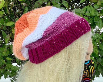 Lesbian Pride Sunset Handknit Slouchy Beanies| LGBTQ+ Pride Flag | Hats for Teens & Adults | Pride Month | Queer Gift |Toques