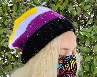 Non-Binary Pride Handknit Slouchy Beanie | Subtle LGBTQ+ Flag Toques | Hat for Adults/Teens