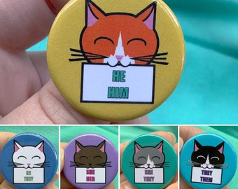 Cute Cat Pronoun Pin Back Button They/Them She/They He/They She/Her He/Him