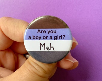 Are You a Boy or a Girl? Meh. Gender Apathetic Pride Flag Pronoun 1.25” inch Pin Back Button | Apagender | Gender Apathy