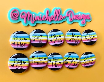 Queer Pride Flag Pronoun Pin Back Buttons 1.25” inch | She/They | They/She | They/Them | Ask Me My Pronouns | He/They | Ze/Zir | She/Her