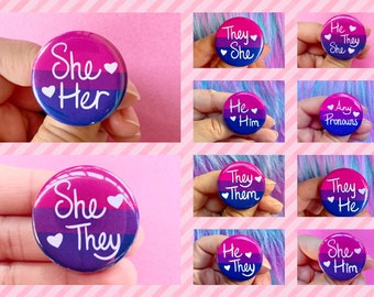 Bisexual Pride Flag Pronoun Pin Back Button | They/She | They/He | They/Them | She/They | He/They | She/Her | He/Him |