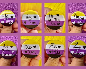 Non-Binary Pride Flag Pronoun Pin Back Button| They/Them| She/They| He/They| Ze/Hir| Xe/Xem| Neopronouns