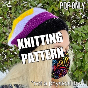 May include: A knitted beret in non-binary pride colours: yellow, white, purple, and black. The words "KNITTING PATTERN" are overlaid on the image. The text "PDF ONLY" is in the top right corner, and "*not a physical item" is at the bottom.