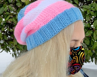 Trans Pride Handknit Slouchy Beanies| Subtle LGBTQ+ Pride Flag | Transgender | Toques |  Hats for Teens & Adults | Subtle Queer Gift