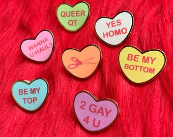 Valentine’s Day Conversation Heart Hard Enamel Pins | LGBTQ+ Gift| Queer | Gay | Lesbian| Pansexual | Bisexual | Gift For Her Him Them