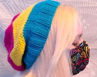 Pansexual Pride Handknit Slouchy Beanie | Subtle LGBTQ+ Flag Toques | Hat for Adults/Teens