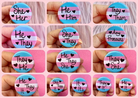 Trans Pride Flag Pronoun Pin Back Button| She/They | He/They | She/Her | He/Him | They/Them | Any Pronouns | It/Its | They/It |