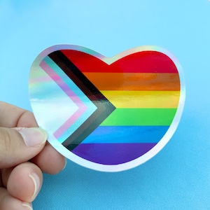 Progress Pride Heart Shaped Waterproof Sticker| Holographic Rainbow Trans Gay Flag Decal | Subtle LGBTQ+ Gifts