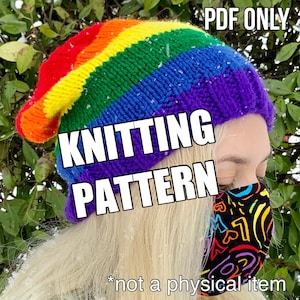 Op de afbeelding: Een breipatroon voor een regenboog gestreepte beanie. Het patroon is beschikbaar als PDF-download. *geen fysiek item*
