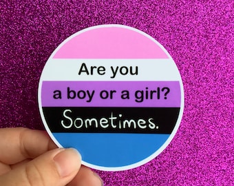 May include: A circular sticker featuring horizontal stripes in pink, white, purple, black, and blue. The text "Are you a boy or a girl?" is printed in black, followed by the word "Sometimes." in a white handwritten-style font.