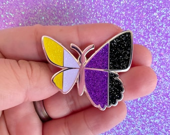Non-Binary Pride Gynandromorph Butterfly Hard Enamel Pin | LGBTQ+ Gift | Subtle Pride Flag