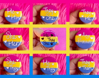Pansexual Pride Flag Pronoun Pin Back Button | They/She | They/He | They/Them | She/They | He/They | She/Her | He/Him | Any Pronouns