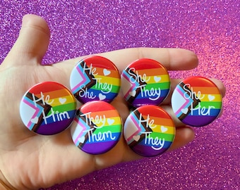 Progress Pride Flag Pronoun 1.25” inch Pin Back Buttons | She/They | He/They | They/Them | She/Her | He/Him | LGBTQ Gay Pride Ally Supporter