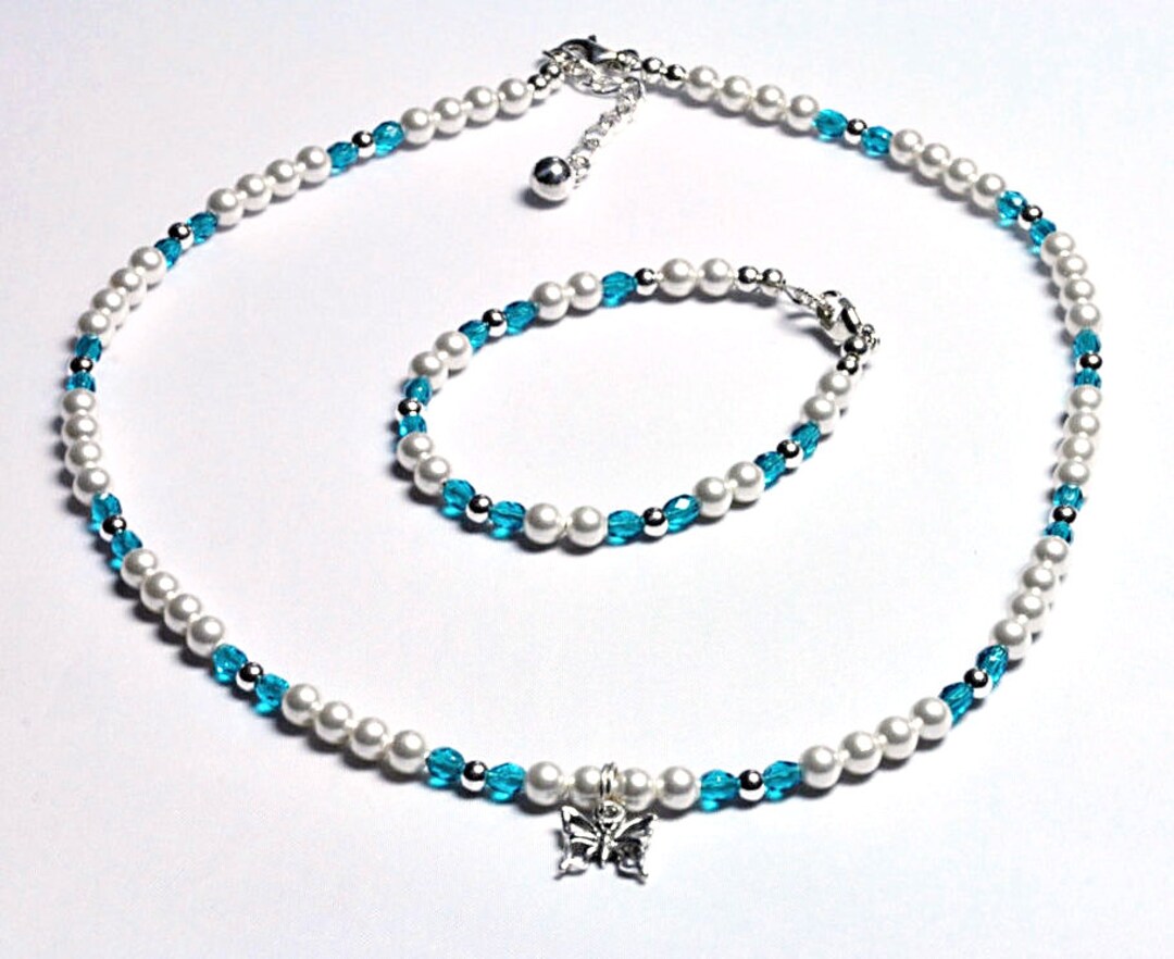 Child Pearl Necklace Braceletset With Blue Czech Glass Beads Etsy
