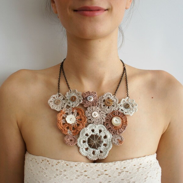 Brown Ombre Flowers Crocheted Necklace // FREE bracelet Valentine's Day Gift Set