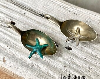 Besteckschmuck Anhänger Löffel Harz Seestern seastar Seesterne Resin versilbert Meerestiere Meerestier Schmuck aus Besteck Halskette