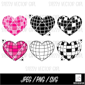 Discoharten Svg-bundel, discobal Heary png, Valentines Mirror Ball gesneden bestand, roze discobal, Valentijnsdag geruit hart gesneden bestand
