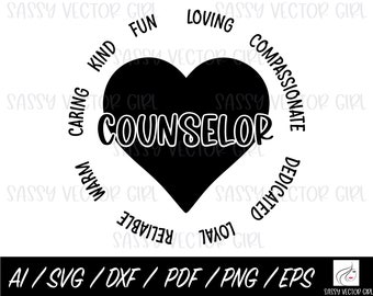 以下が含まれることがあります： 「COUNSELOR」という言葉が書かれたハートの白黒のグラフィックデザイン。ハートは、「思いやり」「親切」「楽しい」「愛情深い」「思いやり深い」「献身的な」「忠実な」「信頼できる」「温かい」などのポジティブな特性を表す言葉の輪で囲まれています。
