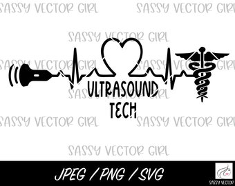 May include: Black and white graphic design of a heart beat with a stethoscope and ultrasound probe. The text "Ultrasound Tech" is included in the design.
