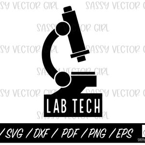 May include: Black and white silhouette of a microscope with the text "LAB TECH" underneath.