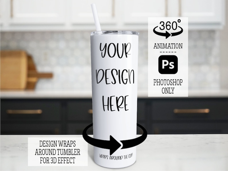 May include: White stainless steel tumbler with a black design that says "YOUR DESIGN HERE". The design wraps around the tumbler for a 3D effect. The tumbler is on a white countertop.