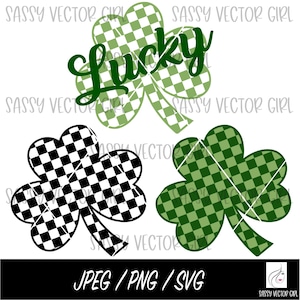 May include: Three shamrock designs with a checkered pattern. The top shamrock is green and white and has the word "Lucky" written on it. The other two shamrocks are black and white and green and white.