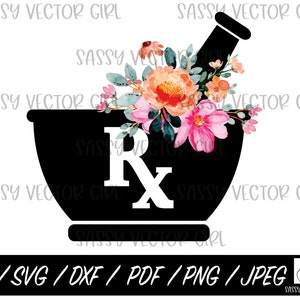 May include: Black and white silhouette of a mortar and pestle with a floral design. The mortar has the letter "Rx" in white inside. The flowers are pink, orange, and blue.