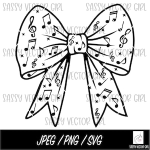 May include: A black and white bow design featuring musical notes and treble clefs. The bow is decorated with musical symbols and stars. The bottom of the image has the text "JPEG / PNG / SVG".
