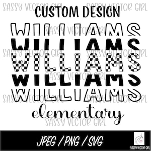 Pode incluir: Design gráfico preto e branco com o nome "Williams" em um padrão xadrez. O texto "CUSTOM DESIGN" e "elementary" também estão incluídos no design.