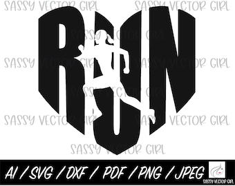 Runner svg, Girl Runner Heart svg, Run Heart Descarga instantánea, Ejecutar PNG, Cortar archivos para Cricut, Silueta, Maratón svg