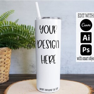 20oz Skinny Tumbler Mockup, Skinny Tumbler PSD Digital Mockup, Tumbler Mockup with Transparent Layer, Full Wrap Mockup in Canva or Photoshop