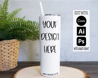 20oz Skinny Tumbler Mockup, Skinny Tumbler PSD Digital Mockup, Tumbler Mockup with Transparent Layer, Full Wrap Mockup in Canva or Photoshop