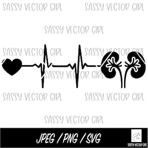 May include: Black and white graphic design of a heart, a heartbeat line, and two kidneys. The text "SASSY VECTOR GIRL" appears multiple times around the design.