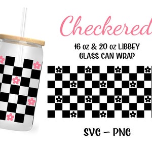 チェック柄ガラス缶 SVG、16 オンス Libbey 缶ガラスラップ、レトロ フローラル 缶ガラスラップ SVG、チェック柄 Cricut カット ファイル、チェック柄コーヒー カップ SVG