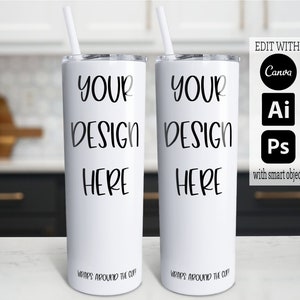 20 Unzen Double Skinny Becher Mockup, Skinny Becher PSD Digital Mockup, Becher Mockup mit transparenter Schicht, Full Wrap Mockup Canva