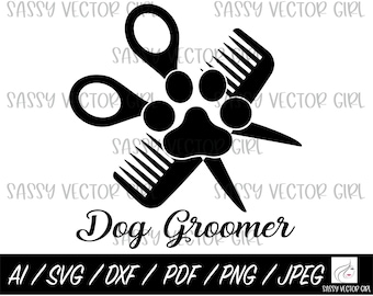 May include: Black and white silhouette of a dog paw print with scissors and a comb crossing over it. The text "Dog Groomer" is below the image.
