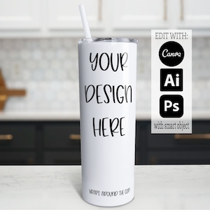 20oz Skinny Tumbler Mockup, Skinny Tumbler PSD Digital Mockup, Tumbler Mockup with Transparent Layer, Full Wrap Mockup in Canva or Photoshop