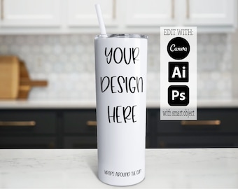 20oz Skinny Tumbler Mockup, Skinny Tumbler PSD Digital Mockup, Tumbler Mockup with Transparent Layer, Full Wrap Mockup in Canva or Photoshop