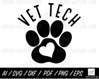 May include: Black and white silhouette of a paw print with a heart in the center. The words "VET TECH" are written in a curved arc above the paw print.
