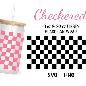 チェック柄ガラス缶 SVG、16 オンス Libbey 缶ガラスラップ、レトロ缶ガラスラップ SVG、チェック柄 Cricut カットファイル、チェック柄コーヒーカップ SVG