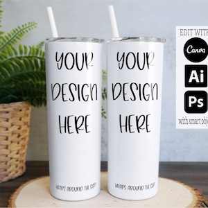 20 Unzen Double Skinny Tumbler Mockup, Skinny Tumbler Psd Digital Mockup, Tumbler Mockup mit transparenter Schicht, Full Wrap Mockup Canva
