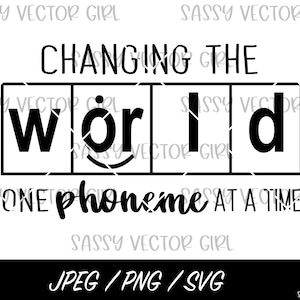 Puede incluir: Diseño gráfico en blanco y negro con el texto "CHANGING THE WORLD ONE PHONEME AT A TIME". La palabra "world" está dividida en cuatro cuadrados, cada uno con una letra.