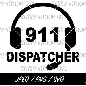 Könnte beinhalten: Schwarzweißes Grafikdesign eines Headsets mit der Nummer 911 und dem Wort "DISPATCHER" darunter.