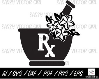 Farmacia svg, Farmacéutico png, Mortero y maja svg, Mortero y maja florales png, Técnico de farmacia png, Archivo de corte Pharm D, Descarga digital