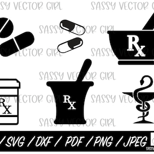 May include: A set of six black and white pharmacy-themed icons. The icons include a mortar and pestle, a pill bottle, a snake wrapped around a staff, and two pills. The text "Rx" is featured on three of the icons.
