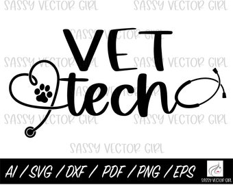 May include: Black and white design of a stethoscope with a heart and paw print, with the text "VET tech" in a bold, cursive font.