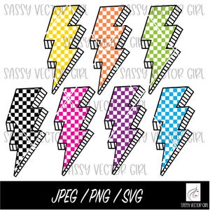 May include: A collection of eight lightning bolt graphics in various colors, including yellow, orange, green, black, pink, purple, and blue. Each bolt features a checkered pattern and a black outline. The text "JPEG / PNG / SVG" is at the bottom.